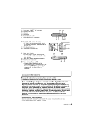 Page 99(SPA) VQT1V74
12 Interruptor ON/OFF de la cámara
13 Palanca del zoom
14 Altavoz
15 Micrófono
16 Botón del obturador
17 Botón automático inteligente
18 Sujeción de la correa de mano
• Al usar la cámara tenga cuidado de unir la correa de mano para asegurarse de no 
hacerla caer.
19 Cilindro del objetivo
20 Toma [AV OUT/DIGITAL]
21 Base para trípode
• Cuando usa un trípode, asegúrese de que éste esté estable cuando está unido 
a la cámara.
22 Tapa de la tarjeta de memoria/batería
23 Palanca del disparador...