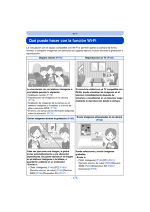 Page 175- 175 -
Wi-Fi
Qué puede hacer con la función Wi-Fi
La vinculación con el equipo compatible con Wi-Fi le permite operar la cámara de forma 
remota, o compartir imágenes con personas en lugares lejanos, incluso durante la grabación o 
reproducción.
Disparo remoto (P176)Reproducción en TV  (P188)
La vinculación con un teléfono inteligente o 
una tableta permite lo siguiente:
•Grabación remota  (P178)•Reproducción de imágenes en la cámara 
(P178)
•Grabación de imágenes de la cámara en el 
teléfono...