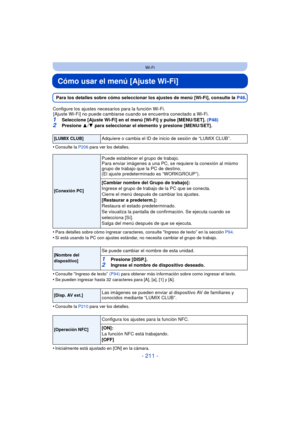 Page 211- 211 -
Wi-Fi
Cómo usar el menú [Ajuste Wi-Fi]
Para los detalles sobre cómo seleccionar los ajustes de menú [Wi-Fi], consulte la P48.
Configure los ajustes necesarios para la función Wi-Fi. [Ajuste Wi-Fi] no puede cambiarse cuando se encuentra conectado a Wi-Fi. 
1Seleccione [Ajuste Wi-Fi] en el menú [Wi-Fi] y pulse [MENU/SET].  (P48)2Presione 3/4  para seleccionar el elemento y presione [MENU/SET].
•
Consulte la  P206 para ver los detalles.
•Para detalles sobre cómo ingresar caracteres, consulte...