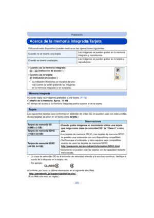 Page 24- 24 -
Preparación
Acerca de la memoria integrada/Tarjeta
•Cuando copia las imágenes grabadas a una tarjeta. (P172)
•Tamaño de la memoria: Aprox. 10 MB•El tiempo de acceso a la memoria integrada podría superar el de la tarjeta.
Las siguientes tarjetas que conforman el estándar de vídeo SD se pueden usar con esta unidad.
(Estas tarjetas se citan en el texto como  tarjeta.)
¢La clase de velocidad SD es el estándar de velocidad referida a la escritura continua. Verifique a 
través de la etiqueta en la...