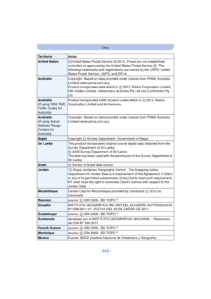 Page 245- 245 -
Otros
Territorio Aviso
United StatesCUnited States Postal Service  R 2012. Prices are not established, 
controlled or approved by the  United States Postal Service R . The 
following trademarks and registrations are owned by the USPS: United 
States Postal Service, USPS, and ZIP+4.
Australia Copyright. Based on data provided under license from PSMA Australia 
Limited (www.psma.com.au).
Product incorporates data which is  C 2012 Telstra Corporation Limited, 
GM Holden Limited, Intelematics...