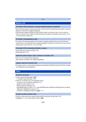Page 256- 256 -
Otros
•Este fenómeno aparece cuando pulsa hasta la mitad el botón del obturador para ajustar el valor de 
abertura sin afectar las imágenes grabadas.
•Este fenómeno aparece también al variar el brillo cuando se acciona el zoom o bien cuando se 
mueve la cámara. Esto se debe al funcionamiento de la apertura automática de la cámara y no es 
un funcionamiento defectuoso.
•El monitor LCD puede parpadear durante algunos segundos después de que se enciende esta 
unidad. Esta es una operación para...