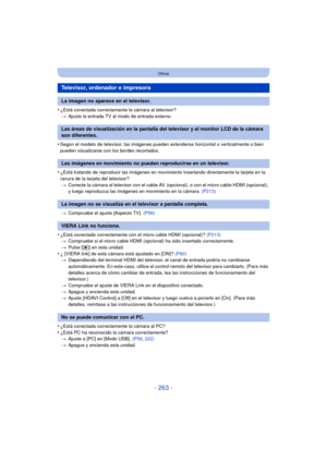 Page 263- 263 -
Otros
•¿Está conectada correctamente la cámara al televisor?> Ajuste la entrada TV al modo de entrada externo.
•Según el modelo de televisor, las imágenes pueden extenderse horizontal o verticalmente o bien 
pueden visualizarse con los bordes recortados.
•¿Está tratando de reproducir las imágenes en movimiento insertando directamente la tarjeta en la 
ranura de la tarjeta del televisor?
> Conecte la cámara al televisor con el cable AV   (opcional), o con el micro cable HDMI (opcional), 
y luego...