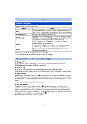 Page 34- 34 -
Básico
Se pueden fijar los siguientes menús.
•
Para conocer el método de ajuste del menú, consulte P48.
¢ Los ajustes pueden ser diferentes de otros modos de grabación.
∫[Ráfaga]  (P111)
[ ] se puede ajustar en [Ráfaga]. En este ajuste, la velocidad de ráfaga se ajusta 
automáticamente en base al movimiento del sujeto.
∫ [Modo color]
El ajuste de color de [Happy] está disponible en [Modo color]. Se puede tomar 
automáticamente una imagen con un nivel más alto de brillo para el brillo y la viveza...