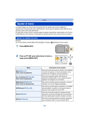 Page 48- 48 -
Básico
Ajustar el menú
La cámara llega con menús que le permiten fijar los ajustes para tomar imágenes y 
reproducirlas precisamente como usted quiere y menús que le capacitan para disfrutar de la 
cámara y para usarla más fácilmente.
En particular el menú [Conf.] contiene algunos  ajustes importantes relacionados con el reloj y 
la alimentación de la cámara. Compruebe los ajustes de este menú ante de usar la cámara.
Ejemplo:
En el menú [Rec], cambie [Modo AF] de [ Ø] ([1 área]) a [ š] ([Detección...