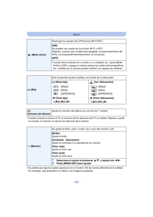 Page 53- 53 -
Básico
•Cuando conecta la cámara al TV, el volumen de los altavoces del TV no cambia. Además, cuando 
se conecta, el volumen no sale de los altavoces de la cámara.
•Es posible que algunos sujetos aparezcan en el monitor LCD de manera diferente de la realidad. 
Sin embargo, esta graduación no afecta a las imágenes grabadas.
 [Modo Avión]
Restringe los ajustes del GPS/sensor/Wi-Fi/NFC.
[ON]:
No pueden ser usada las funciones Wi-Fi y NFC.
Además, cuando esta unidad está apagada, el posicionamiento...