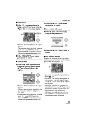 Page 85Ajustes de menú
85VQT0Y78
∫Ajuste único
1Pulse 2/1 para seleccionar la 
imagen a imprimir y luego pulse 
3/
4 para fijar el número de copias.
 Aparece el número del icono de copias 
[] A.
 Puede ajustarse un número de copias a 
partir de 0 hasta 999. El ajuste de 
impresión DPOF su cancela cuando el 
número de copias esté ajustado a [0].
2Pulse [MENU/SET] dos veces 
para cerrar el menú.
∫Ajuste múltiple
1Pulse 2/1 para seleccionar la 
imagen a imprimir, luego pulse 
3/4 para fijar el número de...