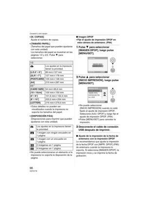 Page 98Conexión a otro equipo
98VQT0Y78
 [N. COPIAS]
Ajuste el número de copias.
 [TAMAÑO PAPEL]
(Tamaños del papel que pueden ajustarse 
con esta unidad)
Los tamaños del papel se muestran en las 
páginas 1/2 y 2/2. Pulse 4 para 
seleccionar.
¢Estos detalles no pueden ser 
visualizados cuando la impresora no 
soporta los tamaños del papel.
 [DISPOSICIÓN PÁG]
(Disposiciones para imprimir que pueden 
ajustarse con esta unidad)
 No puede seleccionarse un elemento si la 
impresora no soporta la disposición de...