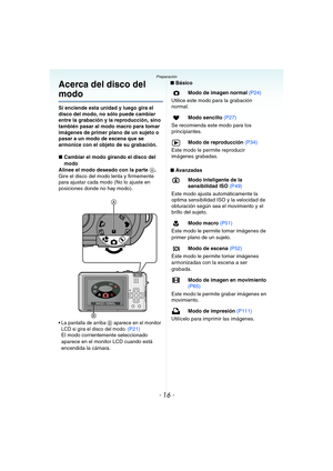 Page 16- 16 -
Preparación
Acerca del disco del 
modo
Si enciende esta unidad y luego gira el 
disco del modo, no sólo puede cambiar 
entre la grabación y la reproducción, sino 
también pasar al modo macro para tomar 
imágenes de primer plano de un sujeto o 
pasar a un modo de escena que se 
armonice con el objeto de su grabación.
∫Cambiar el modo girando el disco del 
modo
Alinee el modo deseado con la parte A.
Gire el disco del modo lenta y firmemente 
para ajustar cada modo (No lo ajuste en 
posiciones donde...