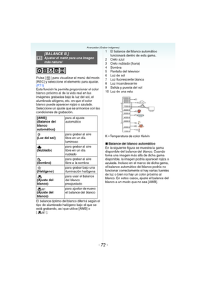 Page 72- 72 -
Avanzadas (Grabar imágenes)
Pulse [ ] para visualizar el menú del modo 
[REC] y seleccione el elemento para ajustar. 
(P71)
Esta función le permite proporcionar el color 
blanco próximo al de la vida real en las 
imágenes grabadas bajo la luz del sol, el 
alumbrado alógeno, etc. en que el color 
blanco puede aparecer rojizo o azulado. 
Seleccione un ajuste que se armonice con las 
condiciones de grabación.
El balance óptimo del blanco diferirá según el 
tipo de alumbrado halógeno bajo el que se...