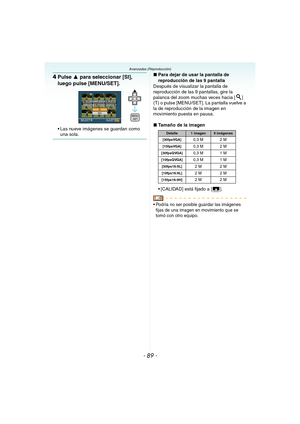 Page 89- 89 -
Avanzadas (Reproducción)
4Pulse 3 para seleccionar [SI], 
luego pulse [MENU/SET].
 Las nueve imágenes se guardan como 
una sola.
∫Para dejar de usar la pantalla de 
reproducción de las 9 pantalla 
Después de visualizar la pantalla de 
reproducción de las 9 pantallas, gire la 
palanca del zoom muchas veces hacia [ ] 
(T) o pulse [MENU/SET]. La pantalla vuelve a 
la de reproducción de la imagen en 
movimiento puesta en pausa.
∫Tamaño de la imagen
 [CALIDAD] está fijado a [ ].
 Podría no ser posible...