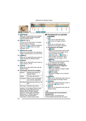 Page 12Utilización de Simple Viewer
12
9. [ Enlarge]
Haga clic en este botón para ampliar 
la imagen seleccionada ocupando 
toda la pantalla. (P12)
10. [ Print 1 by 1]
Si hace clic en este botón, la imagen 
seleccionada se imprime.
Si quiere imprimir múltiples imágenes, 
haga clic en [ Print] en el menú 
principal. (P13)
11. [ Send by e-mail]
Haga clic en este botón para adjuntar la 
imagen seleccionada a un e-mail. (P16)
12. [ Menu]
Haga clic en este botón para volver al 
menú principal de Simple Viewer.
13. [...