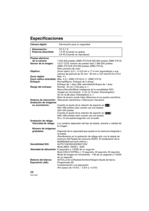 Page 2828VQT1E27
Especificaciones
Cámara digital:Información para su seguridad
Píxeles efectivos 
de la cámara:7.200.000 píxeles (DMC-FX12)/6.000.000 píxeles (DMC-FX10)
Sensor de la imagen:1/2,5q CCD, número de píxeles total 7.380.000 píxeles 
(DMC-FX12)/6.370.000 píxeles (DMC-FX10), 
Filtro primario de color
Objetivo:Zoom óptico 3,0k, fl5,8 mm a 17,4 mm (equivalente a una 
cámara de película de 35 mm: 35 mm a 105 mm)/F2.8 a F5.0
Zoom digital:Máx. 4kZoom óptico extendido:Máx. 4,5k (DMC-FX12)/4,1k (DMC-FX10)...