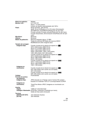 Page 2929VQT1E27
Modo de medición:Múltiple
Monitor LCD :2,5q LCD TFT 
[Aprox. 115.000 píxeles] 
(campo de relación visual alrededor del 100%)
Flash:Rango del flash: [ISO AUTO]
Aprox. 30 cm (0,98 pies) a 5 m (16,4 pies) (Granangular)
AUTOMÁTICO, AUTOMÁTICO/Reducción de ojos rojos, 
Forzado activado (Forzado activado/Reducción de ojos rojos), 
Forzado desactivado, (Sincronización lenta/Reducción de ojos 
rojos)
Micrófono:Monaural
Altavoz:Monaural
Medio de grabación:Memoria integrada (Aprox. 27 MB)/
Tarjeta de...