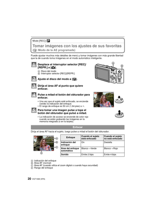 Page 20VQT1S89 (SPA)20
Modo [REC]: ³
Tomar imágenes con los ajustes de sus favoritas 
(³ : Modo de la AE programada)
Puede ajustar muchos más detalles de menú y tomar imágenes con más grande libertad 
que la de cuando toma imágenes en el modo automático inteligente.
Dirija el área AF hacia el sujeto, luego pulse a mitad el botón del obturador.
A Indicación del enfoque
B Área AF (normal)
C Área AF (cuando utiliza el zoom digital o cuando haya oscuridad)
D Rango del enfoque
Desplace el interruptor selector...