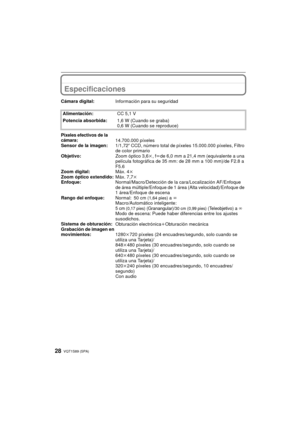 Page 28VQT1S89 (SPA)28
Especificaciones
Cámara digital:Información para su seguridad
Alimentación: CC 5,1 V
Potencia absorbida: 1,6 W (Cuando se graba)
0,6 W (Cuando se reproduce)
Píxeles efectivos de la 
cámara:14.700.000 píxeles
Sensor de la imagen: 1/1,72q CCD, número total de píxeles 15.000.000 píxeles, Filtro 
de color primario
Objetivo: Zoom óptico 3,6k, fl de 6,0 mm a 21,4 mm (equivalente a una 
película fotográfica de 35 mm: de 28 mm a 100 mm)/de F2.8 a 
F5.6
Zoom digital: Máx. 4k
Zoom óptico extendido:...
