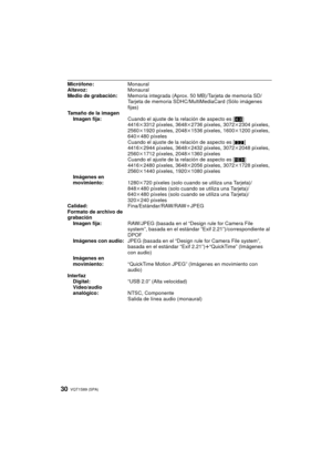 Page 30VQT1S89 (SPA)30
Micrófono:Monaural
Altavoz: Monaural
Medio de grabación: Memoria integrada (Aprox. 50 MB)/Tarjeta de memoria SD/
Tarjeta de memoria SDHC/MultiMediaCard (Sólo imágenes 
fijas)
Tamaño de la imagen Imagen fija: Cuando el ajuste de la relación de aspecto es [ X]
4416k 3312 píxeles, 3648 k2736 píxeles, 3072 k2304 píxeles, 
2560k 1920 píxeles, 2048 k1536 píxeles, 1600 k1200 píxeles, 
640k 480 píxeles
Cuando el ajuste de la relación de aspecto es [ Y]
4416k 2944 píxeles, 3648 k2432 píxeles, 3072...