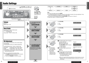 Page 13271E
N
G
L
I
S
H
CQ-C5401U/C5301U
26
Turn [VOLUME].
q: Up
w: Down Turn [VOLUME].
q: Up
w: Down
Note:
¡You cannot save
any SQ presetting
value in [1] button.
¡Any SQ adjust-
ments will not
change the call up
screen names such
as ROCK and JAZZ.Turn [VOLUME].
q: Up
w: Down
2625E
N
G
L
I
S
H
CQ-C5401U/C5301U
Audio SettingsSQ AdjustmentYou can adjust the characteristics of the currently selected
sound type (SQ).
It is also possible to preset up to 5 different adjusted SQs.
Tone/SQ adjustable range: –12 dB to...