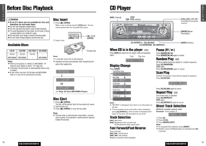 Page 9191E
N
G
L
I
S
H
CQ-C5401U/C5301U
181E
N
G
L
I
S
H
CQ-C5401U/C5301U
When CD is in the player  Press [SRC]to select the CD player mode and playback
starts.Display ChangePress 
[DISP]
.
Track/Play timeDisc title
Track title
Clock time
Display off
Note:
¡
“NO TEXT
”is displayed when there is no information on
the disc.
¡To have another circle scroll while a title is displayed,
press [3] (SCROLL). If the number of displayed char-
acters is 8 or less, the characters do not scroll. 
Track Selection[d]: Next...