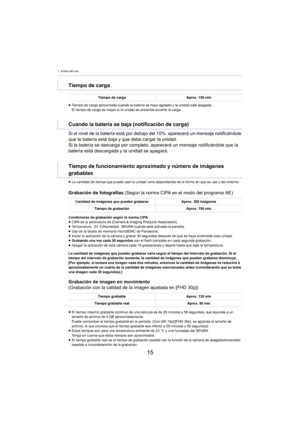 Page 151. Antes del uso
15
≥Tiempo de carga aproximado cuando la batería se haya agotado y la unidad esté apagada.
El tiempo de carga es mayor si la unidad se enciende durante la carga.
Si el nivel de la batería está por debajo  del 15%, aparecerá un mensaje notificándole 
que la batería está baja y que debe cargar la unidad.
Si la batería se descarga por completo, aparecerá un mensaje notificándole que la 
bat

ería está descargada y la unidad se apagará.
≥La cantidad de tiempo que puede usar la unidad varía...