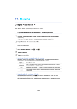 Page 152152
11 .Música
Google Play Music™
[Play Music] abre la aplicación para reproducir música.
1Conecte el ordenador y la unidad con un cable microUSB (disponible en 
comercios).
≥Para obtener información sobre cómo conectar la unidad a un ordenador, consulte  P170.
2Copie los datos de música a la unidad.
1En la pantalla de inicio  > [ ] >  [ ].
2Toque un álbum.
3Toque una canción.
∫ Fun
ciones durante la reproducción de músicaDespués de reproducir una canción, toque el nombre de la canción, que aparece en la...