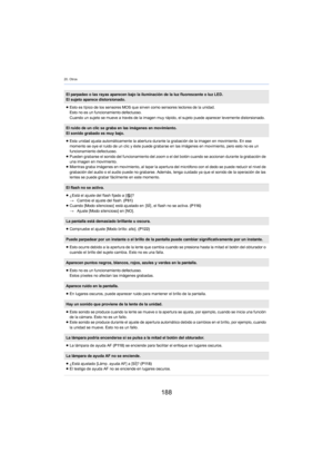 Page 18820. Otros
188
El parpadeo o las rayas aparecen bajo la iluminación de la luz fluorescente o luz LED.
El sujeto aparece distorsionado.
≥Esto es típico de los sensores MOS que sirven como sensores lectores de la unidad.
Esto no es un funcionamiento defectuoso.
Cuando un sujeto se mueve a través de la imagen muy rápido, el sujeto puede aparecer levemente distorsionado.
El ruido de un clic se graba en las imágenes en movimiento.
El sonido grabado es muy bajo.
≥Esta unidad ajusta automáticamente la abertura...