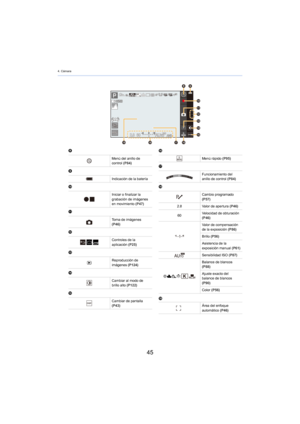 Page 454. Cámara
45
8
9
:
;
<
=
>
?@
A
B
C
Menú del anillo de 
control (P84)
Indicación de la batería
Iniciar o finalizar la 
grabación de imágenes 
en movimiento 
(P47)
Toma de imágenes 
(P46)
Controles de la 
aplicación  (P25)
( Reproducción de 
imágenes 
(P124)
Cambiar al modo de 
brillo alto  (P122)
Cambiar de pantalla 
(P43)
Menú rápido  (P95)
Funcionamiento del 
anillo de control  (P84)
Cambio programado 
(P57)
2.8 Valor de apertura  (P46)
60 Velocidad de obturación 
(P46)
Valor de compensación 
de la...