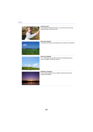 Page 654. Cámara
65
[Carita de niño]
Un desenfoque moderado del fondo y un tono de piel más luminoso 
dirige la atención a la cara del niño.
[Escenario Distinto]
La saturación del cielo y de los árboles crea un escenario más definido.
[Cielo azul brillante]
En un día soleado, se aumenta el brillo de la pantalla general para 
crear
  una imagen vibrante del cielo azul.
[Atardecer romántico]
El tono violeta realzado crea una imagen romántica del cielo justo 
despu
 és del atardecer. 