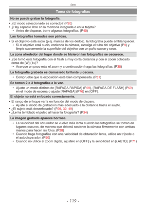 Page 119
Otros
- 11 -

Toma de fotografías
No se puede grabar la fotografía.
•  ¿El modo seleccionado es correcto? (
P20)
•  ¿Hay espacio libre en la memoria integrada o en la tarjeta?
→  
Antes de disparar, borre algunas fotografías. (P40)
Las fotografías tomadas son pálidas.
•  Si el objetivo está sucio (p.ej. marcas de los dedos), la fotografía puede emblanquecer.
→  
Si el objetivo está sucio, encienda la cámara, extraiga el tubo del objetivo (P9) y limpie suavemente la superficie del objetivo con un...