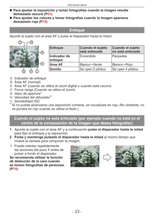 Page 33
Información básica
-  -

Para ajustar la exposición y tomar fotografías cuando la imagen resulte demasiado oscura (P51)Para ajustar los colores y tomar fotografías cuando la imagen aparezca demasiado roja (P72)
Enfoque
Apunte al sujeto con el área AF y pulse el disparador hasta la mitad.
EnfoqueCuando el sujeto está enfocadoCuando el sujeto no está enfocado
Indicador de enfoque EncendidoParpadea
Área AF Blanco"VerdeBlanco"Rojo
SonidoSe oyen 2 pitidosSe oyen 4 pitidos
C  
Indicador de...