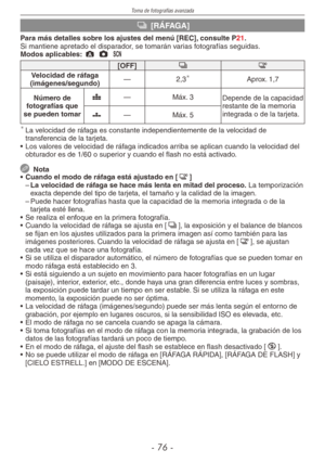 Page 76
Toma de fotografías avanzada
-  -

& [RÁFAGA]
Para más detalles sobre los ajustes del menú [REC], consulte P21.Si mantiene apretado el disparador, se tomarán varias fotografías seguidas.Modos aplicables: ; 1 5
[OFF]&#
Velocidad de ráfaga  (imágenes/segundo)—2,3Aprox. 1,7
Número de fotografías que se pueden tomar
h—Máx. 3Depende de la capacidad restante de la memoria integrada o de la tarjeta.8—Máx. 5
	La velocidad de ráfaga es constante independientemente de la velocidad de transferencia de...