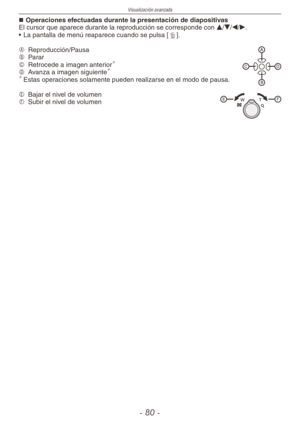 Page 80
Visualización avanzada
- 0 -

Operaciones efectuadas durante la presentación de diapositivasEl cursor que aparece durante la reproducción se corresponde con e/r/w/q.
•  La pantalla de menú reaparece cuando se pulsa [4].
A  
Reproducción/PausaB  
PararC  
Retrocede a imagen anterior
D  
Avanza a imagen siguiente Estas operaciones solamente pueden realizarse en el modo de pausa.
  
Bajar el nivel de volumen  
Subir el nivel de volumen
 