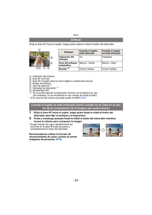 Page 33- 33 -
Básico
Dirija el área AF hacia el sujeto, luego pulse hasta la mitad el botón del obturador.
AIndicación del enfoque
B Área AF (normal)
C Área AF (cuando utiliza el zoom digital o cuando esté oscuro)
D Rango de enfoque
E Valor de abertura
¢1
F Velocidad de obturación¢1
G Sensibilidad ISO
¢ 1 Si no puede lograrse la exposición correcta, se visualizará en rojo. 
(Sin embargo, no se visualizará en rojo cuando se utilice el flash).
¢ 2 El volumen del sonido se puede ajustar en [BIP]  (P23).
1Dirija el...