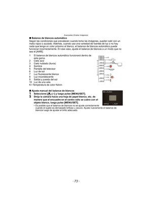 Page 73- 73 -
Avanzadas (Grabar imágenes)
∫Balance de blancos automático
Según las condiciones que prev alecen cuando toma las imágenes, pueden salir con un 
matiz rojizo o azulado. Además, cuando  usa una variedad de fuentes de luz o no hay 
nada que tenga un color próximo al blanco,  el balance de blancos automático puede 
funcionar incorrectamente. En ese caso, ajuste el balance de blancos a un modo que no 
sea el [AWB].
1 El balance de blancos automático funcionará dentro de  esta gama.
2 Cielo azul
3 Cielo...