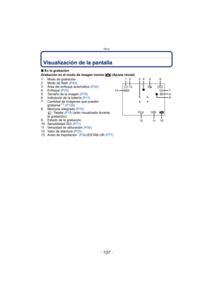 Page 107- 107 -
Otros
OtrosVisualización de la pantalla
∫En la grabación
Grabación en el modo de imagen norma [ !] (Ajuste inicial)
1 Modo de grabación
2 Modo de flash  (P43)
3 Área del enfoque automático  (P33)
4 Enfoque  (P33)
5 Tamaño de la imagen  (P70)
6 Indicación de la batería  (P11)
7 Cantidad de imágenes que pueden  grabarse
¢1 (P128)
8 Memoria integrada  (P15)
: Tarjeta  (P15) (sólo visualizada durante 
la grabación)
9 Estado de la grabación
10 Sensibilidad ISO  (P71)
11 Velocidad de obturación  (P33)...