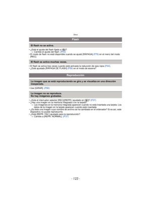 Page 123- 123 -
Otros
• ¿Está el ajuste del flash fijado a [Œ]?
> Cambie el ajuste del flash.  (P43)
• El modo de flash no está disponible cuando se ajustó [RÁFAGA]  (P76) en el menú del modo 
[REC].
• El flash se activa tres veces cuando está activada la reducción de ojos rojos  (P44).
• ¿Está ajustado [RÁFAGA DE FLASH]  (P59) en el modo de escena?
• Use [GIRAR].  (P90)
• ¿Está el interruptor selector [REC]/[REPR.] ajustado en [( ]? (P37)
• ¿Hay una imagen en la memoria integrada o en la tarjeta?
> Las imágenes...