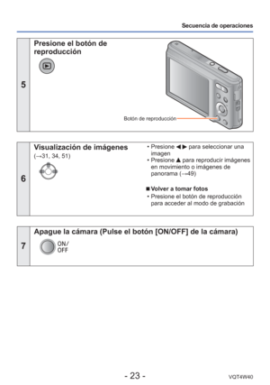 Page 23- 23 -VQT4W40
Secuencia de operaciones
5
 Presione el botón de 
reproducción
Botón de reproducción
6
Visualización de imágenes 
(→31, 34, 51) • Presione 
  para seleccionar una 
imagen
 • Presione 
 para reproducir imágenes 
en movimiento o imágenes de 
panorama ( →49)
 
■Volver a tomar fotos
 • Presione el botón de reproducción  para acceder al modo de grabación
7
Apague la cámara (Pulse el botón [ON/OFF] de la cámara) 