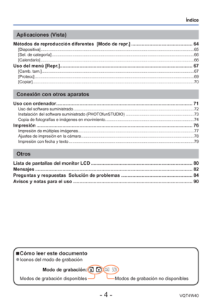 Page 4- 4 -VQT4W40
 
Índice
Aplicaciones (Vista)
Métodos de reproducción diferentes  [Modo de repr.] ............................................... 64[Diapositiva] ........................................................................\
............................................................... 65
[Sel. de categoría] ........................................................................\
..................................................... 66
[Calendario]...