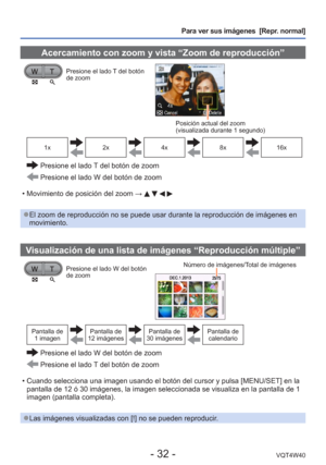 Page 32- 32 -VQT4W40
Para ver sus imágenes  [Repr. normal]
 Acercamiento con zoom y vista “Zoom de reproducción”
Presione el lado T del botón 
de zoom
Posición actual del zoom 
(visualizada durante 1 segundo)
1x2x4x8x16x
  Presione el lado T del botón de zoom
 Presione el lado W del botón de zoom
 • Movimiento de posición del zoom  → 
    
 
●El zoom de reproducción no se puede usar durante la reproducción d\
e imágenes en 
movimiento.
 Visualización de una lista de imágenes “Reproducción múlti\
ple”
Presione...