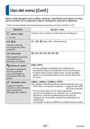 Page 39- 39 -VQT4W40
 
Uso del menú [Conf.]
ElementoAjustes, notas
[Ajust. reloj]
(→19, 20) Ponga la hora, la fecha y el formato de visualización.
[Bip]
Cambie o silencie 
los sonidos de pitido/
obturador. /  / : Bajo / Alto / Silenciamiento
 [Volumen]
Para ajustar el volumen 
del sonido de los 
altavoces (7 niveles). [0] / [1] / [2] / [3] / [4] / [5] / [6]
  [Vídeo Ar. grab.]
Permite la verificación 
del área grabable 
para una imagen en 
movimiento antes de 
grabar. [ON] / [OFF]
 • El área grabable...