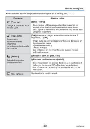Page 40- 40 -VQT4W40
Uso del menú [Conf.]
ElementoAjustes, notas
 [Frec. luz]
Corrige el parpadeo en el 
monitor LCD. [50Hz] / [60Hz]
 • Si el monitor LCD parpadea al grabar imágenes en espacios iluminados con fluorescentes o con luces 
LED, ajuste la frecuencia en función del sitio donde esté 
utilizando la cámara.
[Repr. auto]
Para mostrar 
automáticamente 
fotografías 
inmediatamente después 
de tomarlas. [ON] (Muestra la imagen automáticamente durante 2 
segundos.)
 / [OFF]
 • [Repr. auto] se activa...