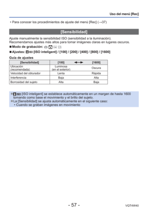 Page 57- 57 -VQT4W40
Uso del menú [Rec]
 [Sensibilidad]
Ajuste manualmente la sensibilidad ISO (sensibilidad a la iluminació\
n).
Recomendamos ajustes más altos para tomar imágenes claras en lugar\
es oscuros.
 
■Modo de grabación:    
 
■Ajustes:  [ISO inteligent] / [100] / [200] / [400] / [800] / [1600]
Guía de ajustes
[Sensibilidad] [100][1600]
Ubicación
(recomendada) Luminosa 
(en el exterior) Oscura
Velocidad del obturador Lenta Rápida
Interferencia BajaAlta
Borrosidad del sujeto AltaBaja
 
● [ISO...