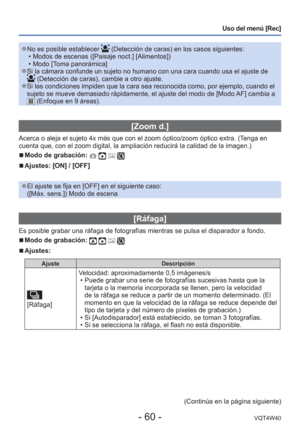 Page 60- 60 -VQT4W40
Uso del menú [Rec]
 
●No es posible establecer  (Detección de caras) en los casos siguientes:
 • Modos de escenas ([Paisaje noct.] [Alimentos])
 • Modo [Toma panorámica]
 
●Si la cámara confunde un sujeto no humano con una cara cuando usa el \
ajuste de  (Detección de caras), cambie a otro ajuste. 
●Si las condiciones impiden que la cara sea reconocida como, por ejemplo,\
 cuando el 
sujeto se mueve demasiado rápidamente, el ajuste del modo de [Modo AF] cambia a 
 (Enfoque en 9 áreas)....