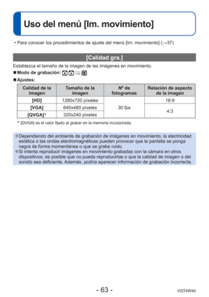 Page 63- 63 -VQT4W40
 [Calidad gra.] 
Establezca el tamaño de la imagen de las imágenes en movimiento.
 
■Modo de grabación:    
 
■Ajustes:
Calidad de la 
imagen Tamaño de la 
imagen Nº de 
fotogramas Relación de aspecto 
de la imagen
[HD] 1280x720 píxeles
30 fps16:9
[VGA] 640x480 píxeles
4:3
[QVGA] 
320x240 píxeles

 [QVGA] es el valor fijado al grabar en la memoria incorporada.  
 
●Dependiendo del ambiente de grabación de imágenes en movimiento, l\
a electricidad 
estática o las ondas electromagnéticas...