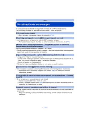 Page 114- 114 -
Otros
Visualización de los mensajes
En unos casos se visualizarán en la pantalla mensajes de confirmación o de error.
Los principales mensajes se describen a continuación a modo de ejemplo.
[Esta imagen está protegida]
>Borre la imagen tras cancelar el ajuste de protección.  (P94)
[Unas imágenes no pueden borrarse]/[Esta imagen no puede borrarse]
•
Las imágenes que no se basan en el estándar DCF no pueden borrarse.
> Formatee la tarjeta después de grabar los datos necesarios en el ordenador, etc....