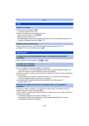 Page 120- 120 -
Otros
•¿Está el ajuste del flash fijado a [Œ]?
> Cambie el ajuste del flash.  (P50)
•El flash no se puede usar en los siguientes casos:–Modo de control creativo (P56) (DMC-XS1)
–Modo de toma panorámica  (P61)–[Paisaje]/[Paisaje noct.]/[Puesta sol]/[Cielo estrell.]/[A traves de vidrio] (Modo de escena)  (P64)–Al grabar en [Ráfaga] (excepto para [ ]) (P76)
•El flash se activa dos veces cuando está activada la reducción de ojos rojos  (P50).•¿[Ráfaga]  (P76) en el menú [Rec] se fijó en [ ]?
•[Girar...