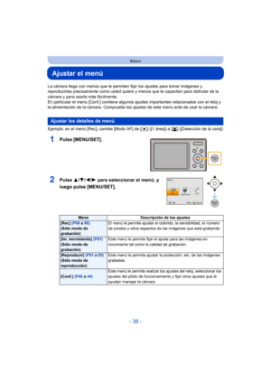 Page 38- 38 -
Básico
Ajustar el menú
La cámara llega con menús que le permiten fijar los ajustes para tomar imágenes y 
reproducirlas precisamente como usted quiere y menús que le capacitan para disfrutar de la 
cámara y para usarla más fácilmente.
En particular el menú [Conf.] contiene algunos  ajustes importantes relacionados con el reloj y 
la alimentación de la cámara. Compruebe los ajustes de este menú ante de usar la cámara.
Ejemplo: en el menú [Rec], cambie [Modo AF] de [ Ø] ([1 área]) a [ š] ([Detección...
