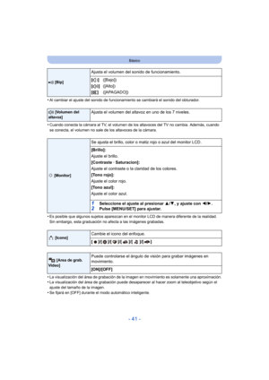 Page 41- 41 -
Básico
•Al cambiar el ajuste del sonido de funcionamiento se cambiará el sonido del obturador.
•Cuando conecta la cámara al TV, el volumen de los altavoces del TV no cambia. Además, cuando 
se conecta, el volumen no sale de los altavoces de la cámara.
•Es posible que algunos sujetos aparezcan en el monitor LCD de manera diferente de la realidad. 
Sin embargo, esta graduación no afecta a las imágenes grabadas.
•La visualización del área de grabación de la imagen en movimiento es solamente una...
