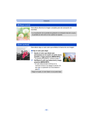 Page 60- 60 -
Grabación
Este efecto difumina la imagen completa para dar sensación de 
suavidad.
Este efecto deja un solo color que enfatiza la fuerza de una imagen.
[Enfoque suave]
•La visualización de la pantalla de grabación se retrasará más de lo usual y 
la pantalla se verá como si los cuadros se cayeran.
[Color puntual]
∫Fije el color para dejar
1Ajuste el color que desea que 
permanezca en el cuadro al centro de la 
pantalla y luego presione [MENU/SET].
•
Si presiona  4 ([DISP.]), volverá al paso 1....