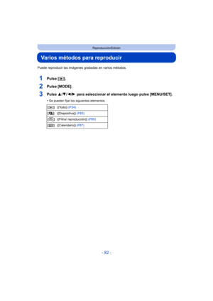 Page 82- 82 -
Reproducción/Edición
Varios métodos para reproducir
Puede reproducir las imágenes grabadas en varios métodos.
1Pulse [(].
2Pulse [MODE].
3Pulse  3/4/2/ 1 para seleccionar el elemento luego pulse [MENU/SET].
•Se pueden fijar los siguientes elementos.
[] ([Todo])  (P34)
[] ([Diapositiva])  (P83)
[] ([Filtrar reproducción])  (P85)
[] ([Calendario])  (P87) 